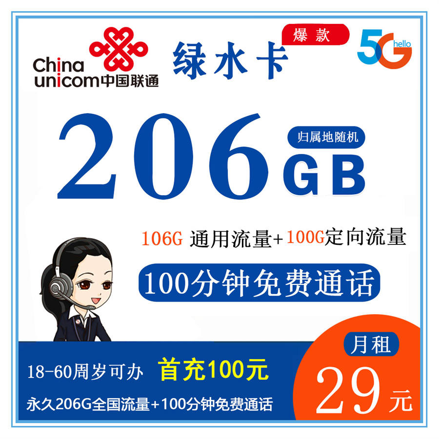 联通绿水卡 29元包206G全国流量+100分钟免费通话