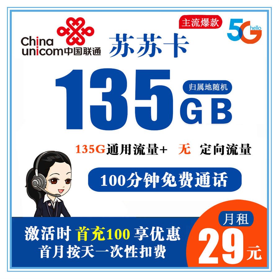 联通苏苏卡29元135G流量+100分钟通话