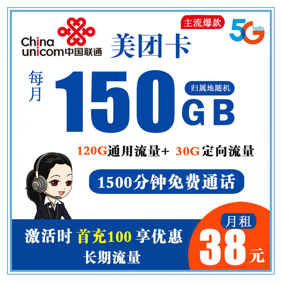 【电销卡】联通美团卡38元150G流量+1500分钟通话