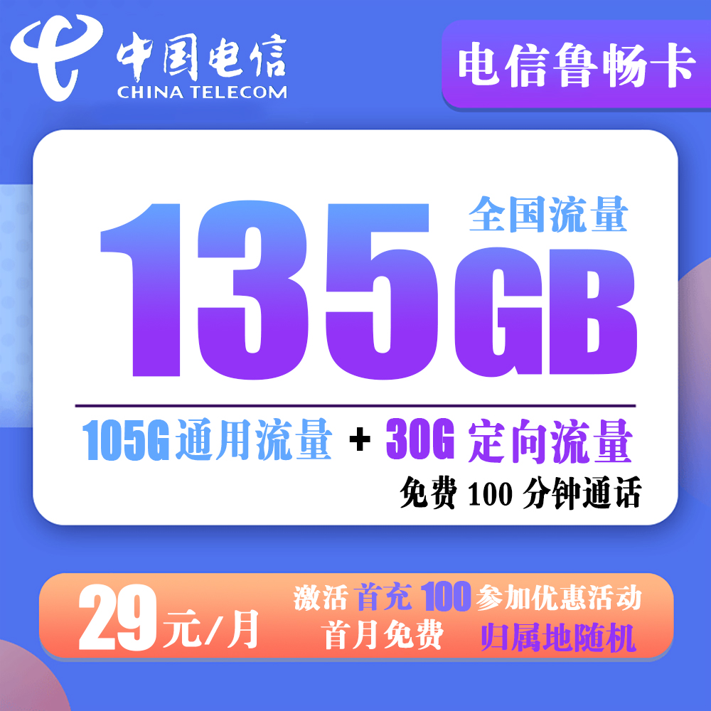 电信鲁畅卡29元+135G流量+100分钟通话【只发山东省内—长期20套餐】