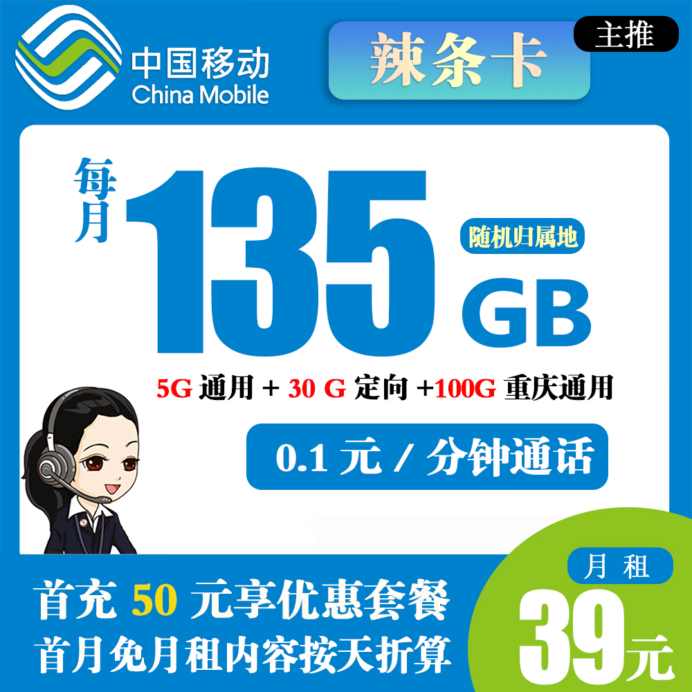 移动辣条卡29元135G流量+0.1元/分钟通话【仅发重庆市内】