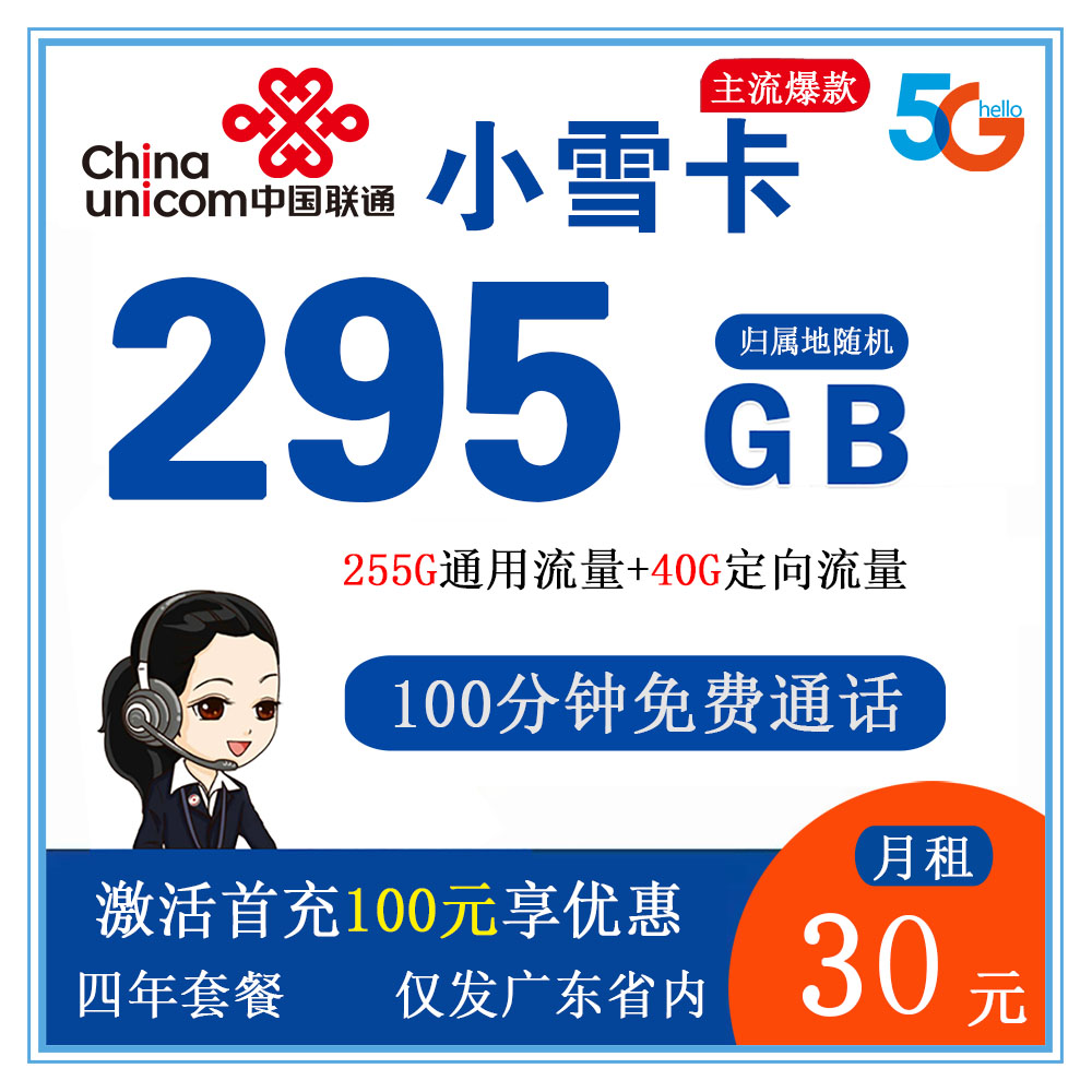 联通小雪卡30元295G流量+100分钟通话【仅发广东】