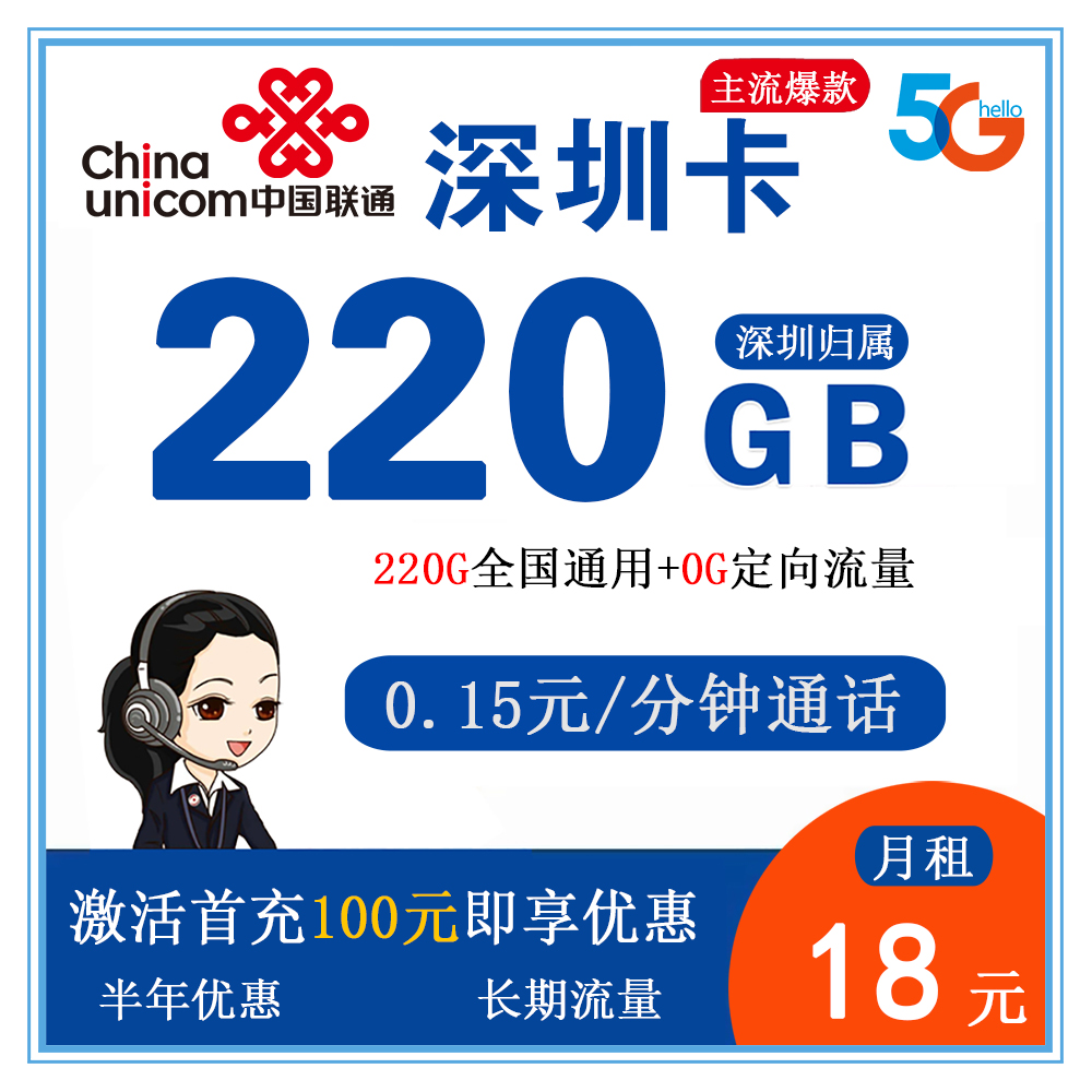 联通深圳卡18元220G流量+0.15元/分钟通话【仅发深圳