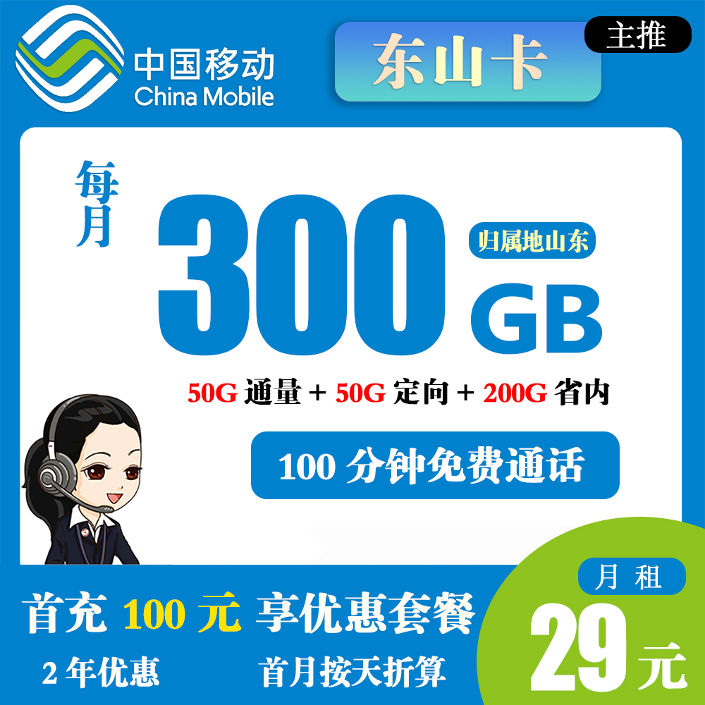 移动东山卡29元300G流量+100分钟通话【仅发山东】